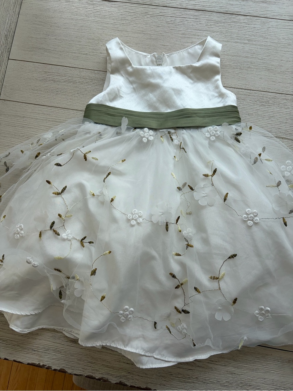 Azazie White Floral Tulle Dress with Olive Green Sash